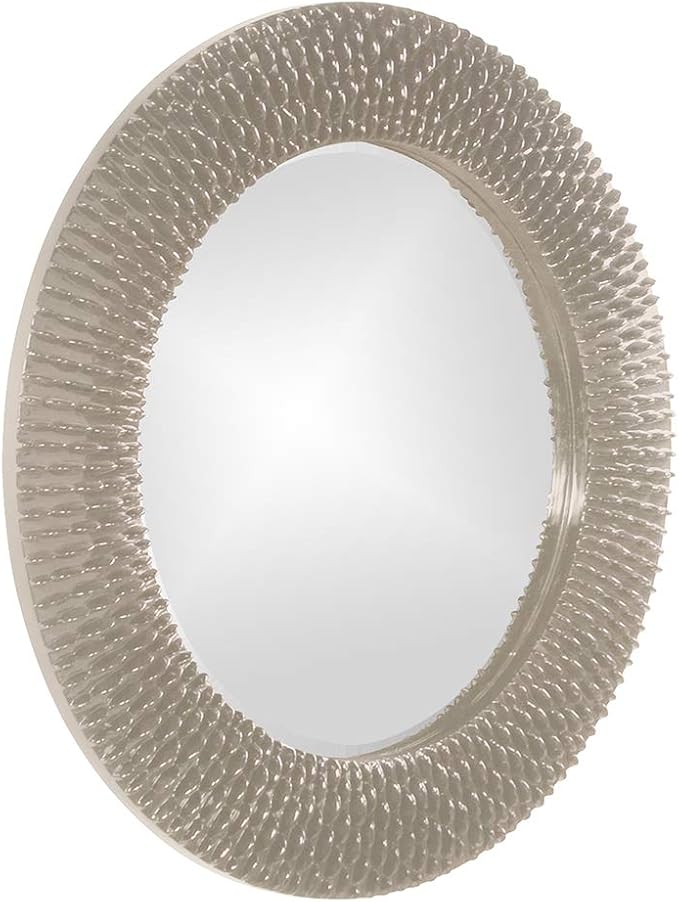 Howard Elliott Collection Bergman Round Wall Mirror, Textured Ribbed Frame with Glossy Nickel Finish, Decorative Accent Mirror, Ready to Hang, 32H x 32W x 1D, Nickel
