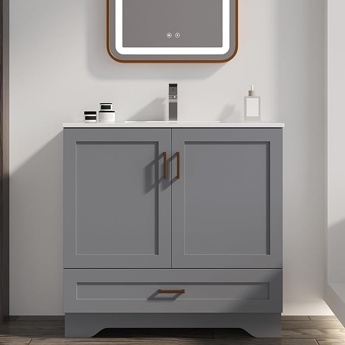 36 inch Bathroom Vanity with Sink, Modern Grey Vanity for Bathroom with Undermount Ceramic Sink, Freestanding 2-Door & 1-Drawer Storage Cabinet, for Small Bathroom Space, (Grey, 36")