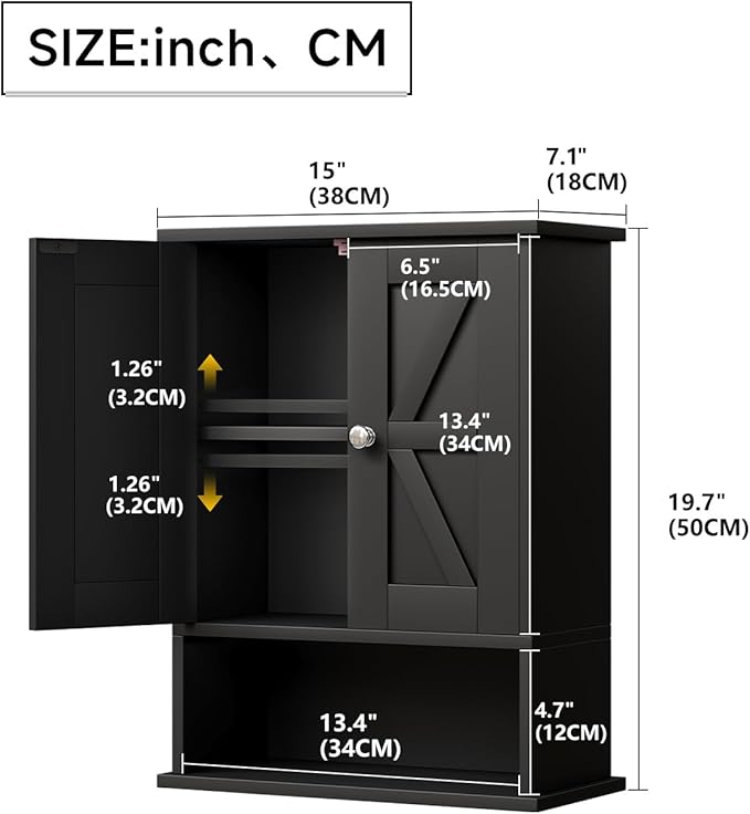 15" W x 19.7" H Black Medicine Cabinet with 2 Barn Doors, Small Farmhouse Bathroom Wall Cabinet with Adjustable Shelf, Wooden Over the Toilet Storage Cabinet for Kitchen, Laundry, Entryway