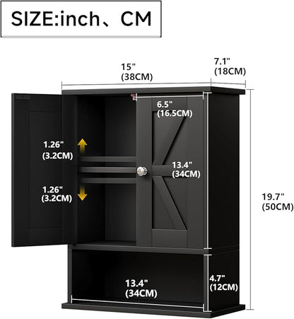 15" W x 19.7" H Black Medicine Cabinet with 2 Barn Doors, Small Farmhouse Bathroom Wall Cabinet with Adjustable Shelf, Wooden Over the Toilet Storage Cabinet for Kitchen, Laundry, Entryway