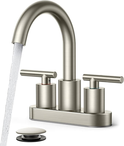 FORIOUS Brushed Nickel Bathroom Faucet 2 Hole, 4 Inch Centerset Bathroom Sink Faucet Brushed Nickel with Pop-up Dain, 24" CUPC Hoses, 360° Swivel Gooseneck for RV Basin