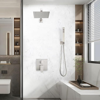 Shower Faucet Set Brushed Nickel Rainfall 8 Inch Shower Head and Handle Set Bathroom Rain Shower System Wall Mounted Shower Fixture Include Shower Valve and Trim Kit