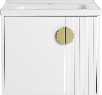 24 Inch Bathroom Vanity with Sink, 24" Floating Vanity with White Glossy Ceramic Sink, Plywood Wooden Bathroom Cabinet with Soft-Close Doors, Modern Wall Mounted Cabinet Set (White)