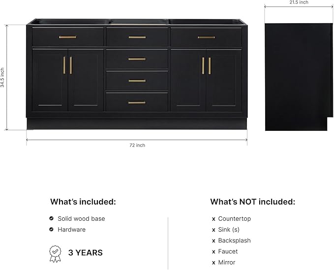 ARIEL Hepburn 72-inch Bathroom Vanity Base Cabinet,Solid Wood, 4 Soft Closing Doors, 6 Dovetail Drawers, Black