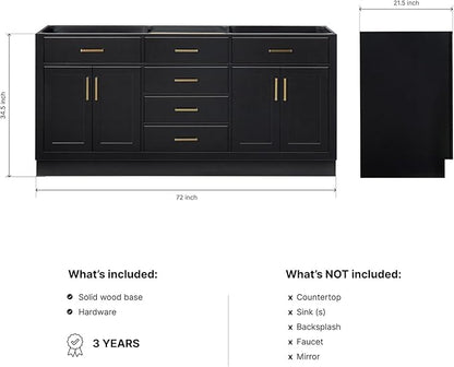 ARIEL Hepburn 72-inch Bathroom Vanity Base Cabinet,Solid Wood, 4 Soft Closing Doors, 6 Dovetail Drawers, Black