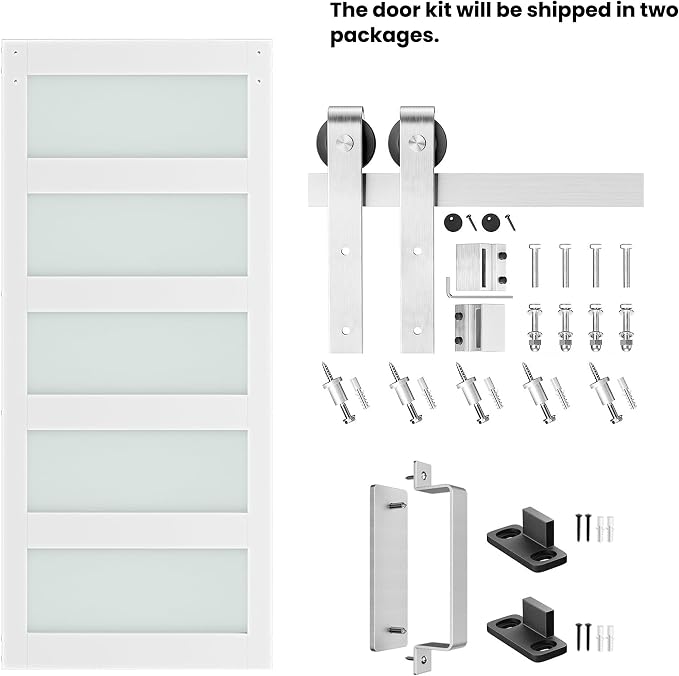 40'' x 84'' Glass Barn Door and 7FT Brushed Nickel Hardware Kit | MDF White Barn Door Slab with Frosted Glass, PVC Surface, Combined with Handle and Floor Guide-Assembly Required