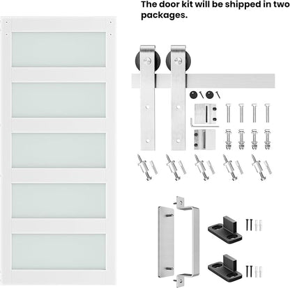 40'' x 84'' Glass Barn Door and 7FT Brushed Nickel Hardware Kit | MDF White Barn Door Slab with Frosted Glass, PVC Surface, Combined with Handle and Floor Guide-Assembly Required