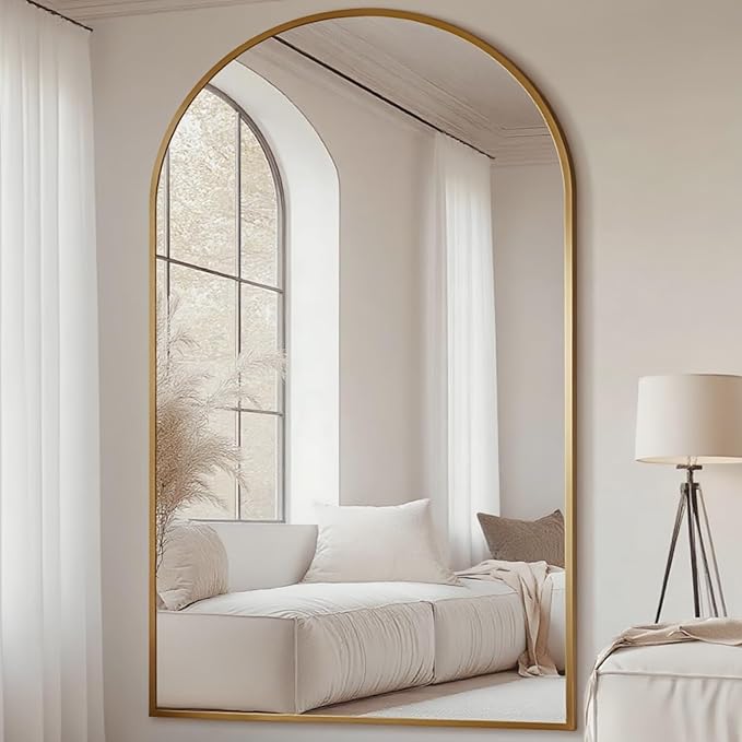 Dewfig Arched Full Length Mirror, 81"x41" Large Floor Mirror, Gold | Aluminum Alloy Frame Oversized Full Body Mirror, HD Shatterproof Tempered Glass, Lean/Stand/Wall for Living Room,Bedroom