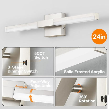 SOLFART Bathroom Lights Over Mirror, 24 Inch Brushed Nickel LED Vanity Light, 5CCT Dimmable, Built-in Dimmer, 4-Way Adjustable, ETL IP44