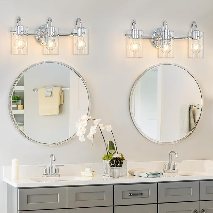 3 Lights Vanity Light, Bathroom Wall Light Fixture Over Mirror | Modern Metal Wall Sconce with Clear Glass Shade, Farmhouse Wall Mount Lamp for Washroom, Bathroom Living Room, Workshop