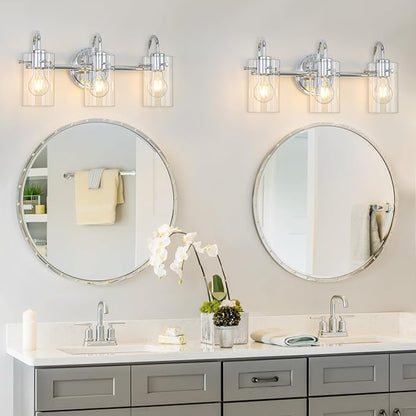 3 Lights Vanity Light, Bathroom Wall Light Fixture Over Mirror | Modern Metal Wall Sconce with Clear Glass Shade, Farmhouse Wall Mount Lamp for Washroom, Bathroom Living Room, Workshop