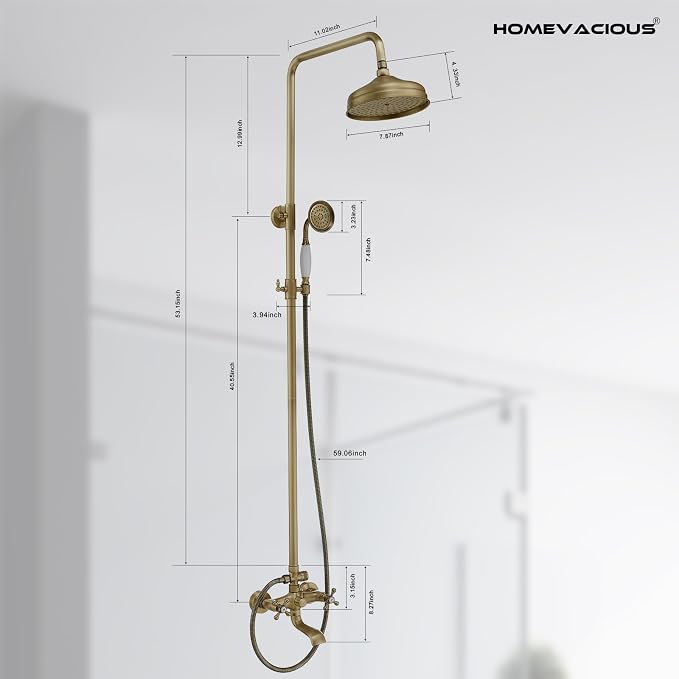 Homevacious Antique Brass Outdoor Shower Kit Exposed Shower | 8 Inch High Pressure Rain Shower Head with Hand Spray Bathroom Shower Faucet System Double Knobs Cross Handle 3-function