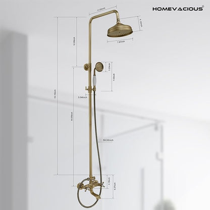 Homevacious Antique Brass Outdoor Shower Kit Exposed Shower | 8 Inch High Pressure Rain Shower Head with Hand Spray Bathroom Shower Faucet System Double Knobs Cross Handle 3-function
