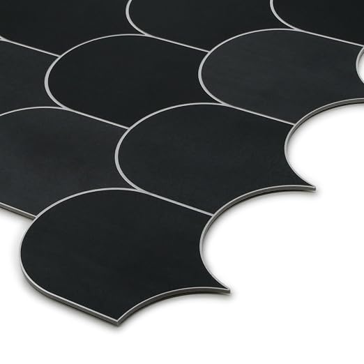 SUNWINGS 10-Sheet Fish Scale Peel and Stick Backsplash Tile, 11.4'' x 10.9" Stone Composite Scallop Handmade Looks Self-Adhesive Wall Tiles for Kitchen Bathroom, Black