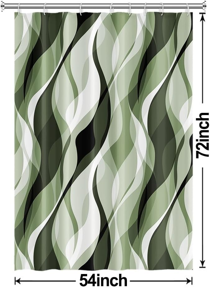 Sage Green Shower Curtain, Abstract Ombre Green and Grey Striped Shower Curtain Set for Bathroom Waterproof Polyester Shower Curtain with Hooks, 54x72 Inch