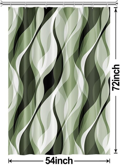 Sage Green Shower Curtain, Abstract Ombre Green and Grey Striped Shower Curtain Set for Bathroom Waterproof Polyester Shower Curtain with Hooks, 54x72 Inch