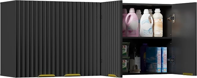 ChooChoo Bathroom Wall Cabinet, Laundry Room Cabinet with 4 Fluted Doors | Kitchen Storage Cupboard Cabinet with Adjustable Shelf, Fluted Wall-Mounted Medicine Cabinet for Kitchen, Garage, Black