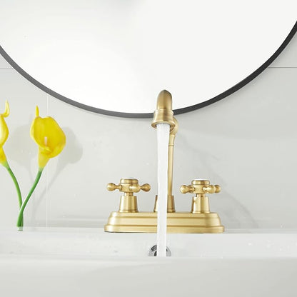 Bathroom Faucet Antique Brass 2 Handles 4 Inches Centerset Bathroom Vanity with Drain Assembly and Supply Hose Lavatory Faucet