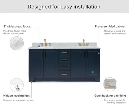 ARIEL Taylor 72-inch Bathroom Vanity with Sink,Solid Wood, 0.75-inch Italian Carrara Marble Countertop, Double Rectangular Porcelain Sink, 4 Soft Closing Doors, 6 Dovetail Drawers, Midnight Blue
