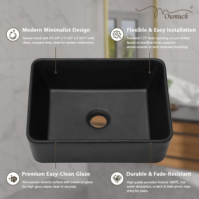 Matte Black Vessel Sink 16x12 inch Bathroom Sink | Rectangle Ceramic Porcelain Stain Resistant Vanity Basin for Bathroom & Powder Room