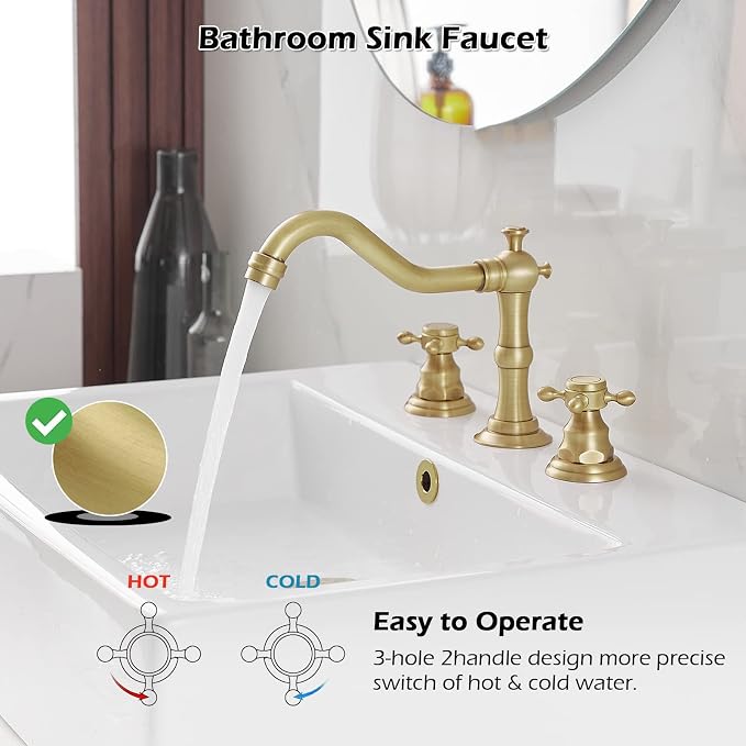 BWE Widespread Bathroom Faucet 3 Hole 2 Handles Cross Knobs Antique Brass | 8 Inch Bathroom Sink Faucet with Pop Up Drain with Overflow & Supply Lines,Basin Mixer Tap,Drip-free Ceramic Cartridge