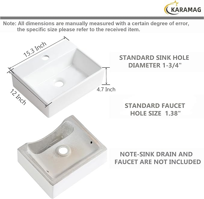 Small Vessel Sink 15"x12" Wall Mount Bathroom Sink Rectangular White Porcelain Ceramic Mini Floating Tiny Bathroom Wall Mounted RV Sink