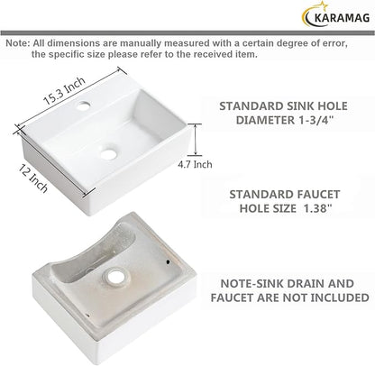 Small Vessel Sink 15"x12" Wall Mount Bathroom Sink Rectangular White Porcelain Ceramic Mini Floating Tiny Bathroom Wall Mounted RV Sink