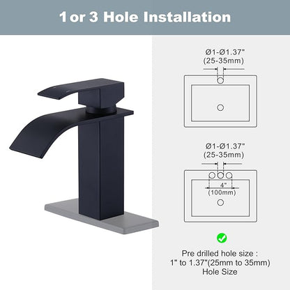 ARCORA Waterfall Bathroom Faucet Matte Black Faucet for Bathroom Sink Single Handle Mixer Tap Lavatory Vanity Faucet with Deck Plate and Pop Up Drain, 1 or 3 Hole
