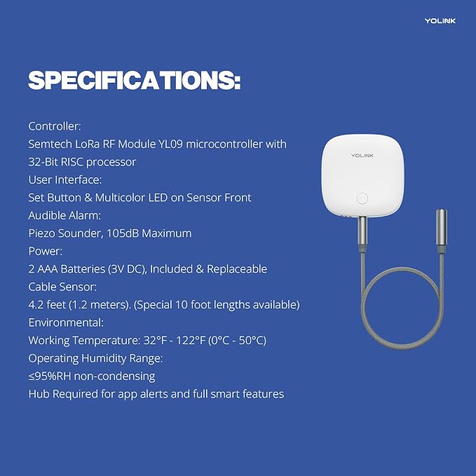 YoLink Water Leak Sensor 2,1/4 Mile World's Longest Range Smart Home Water Leak Sensor,Water Leak Detector with Built-in Siren Up to 105dB,Works with Alexa and IFTTT-YoLink Hub Required,YS7904-UC