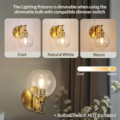 Brushed Gold Bathroom Light Fixtures, Brass Vanity Lights for Mirror, 1-Light Bathroom Wall Sconces Lighting with Globe Clear Shade Up or Down Wall Mounted for Kitchen, Living Room, Hallway