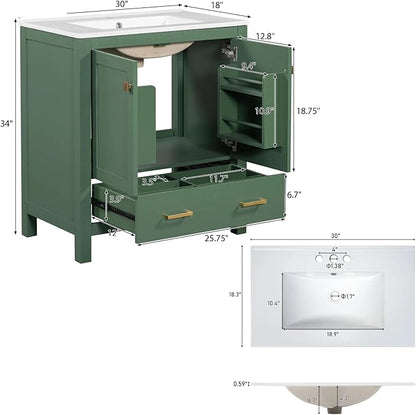 30" Freestanding Bathroom Vanity with Sink, Floor Stand Bathroom Storage Cabinet with Ceramic Sink, Doors with Double-Layered Storage Shelves, Modern Compact Vanity with Divided Drawer, Green