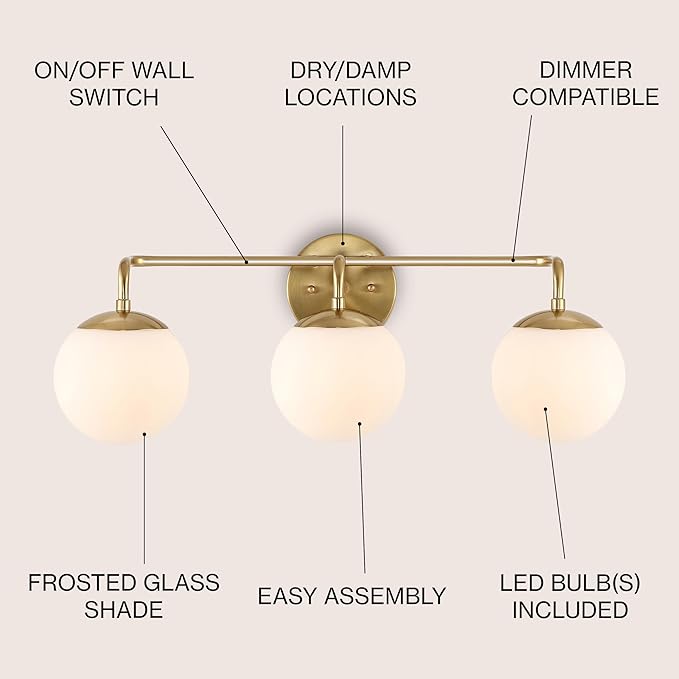 JONATHAN Y 25" Brass Gold Modern Globe Wall Sconce Vanity Light for Bathroom, White Frosted Glass Shade, Midcentury Parisian Bistro Wall Lamp, LED Bulb Included (JYL3536A)