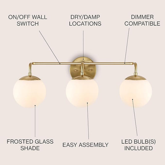 JONATHAN Y 25" Brass Gold Modern Globe Wall Sconce Vanity Light for Bathroom, White Frosted Glass Shade, Midcentury Parisian Bistro Wall Lamp, LED Bulb Included (JYL3536A)