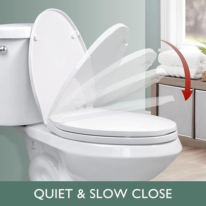 WSSROGY Toilet seat Elongated with Slow Close Hinges, Four Bumpers Never Loosen and Easily Remove, Two Sets of Parts, Plastic, White