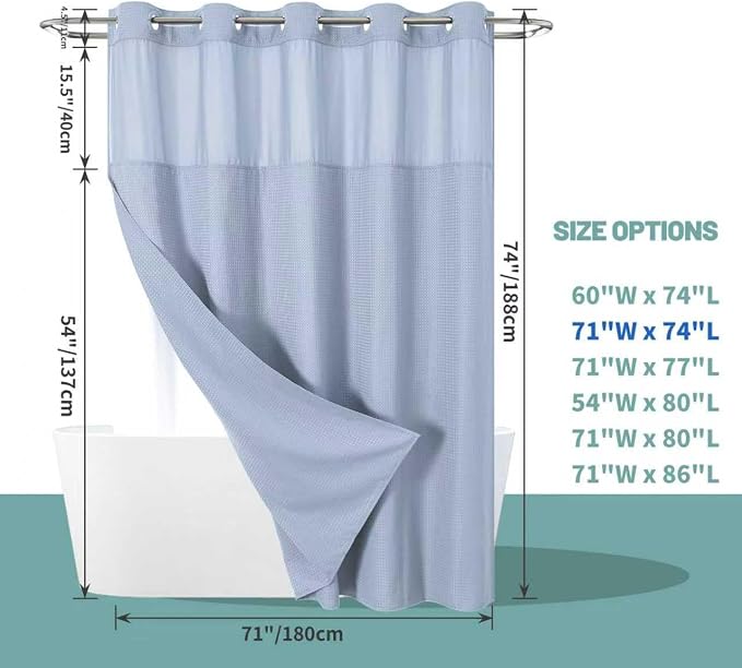 No Hook Waffle Shower Curtain with Snap-in Liner, 71x74 Inch, Frost Blue | 230 GSM waffle weave fabric, waterproof liner set with 2 bottom magnets, mesh top window, washable, for bathroom or hotel use