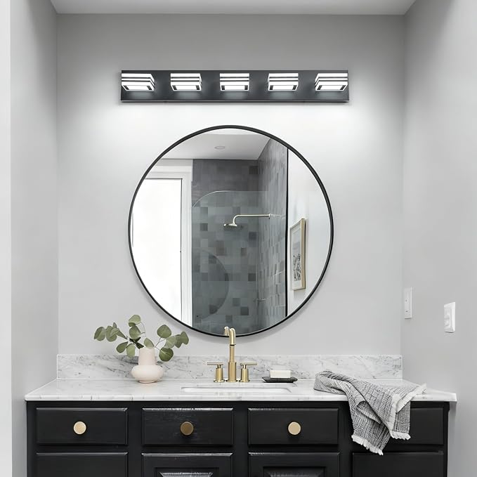 SOLFART LED Bathroom Lighting Fixtures - 5 Lights Modern Matte Black Acrylic Vanity Lights for Mirror 32inch 24W