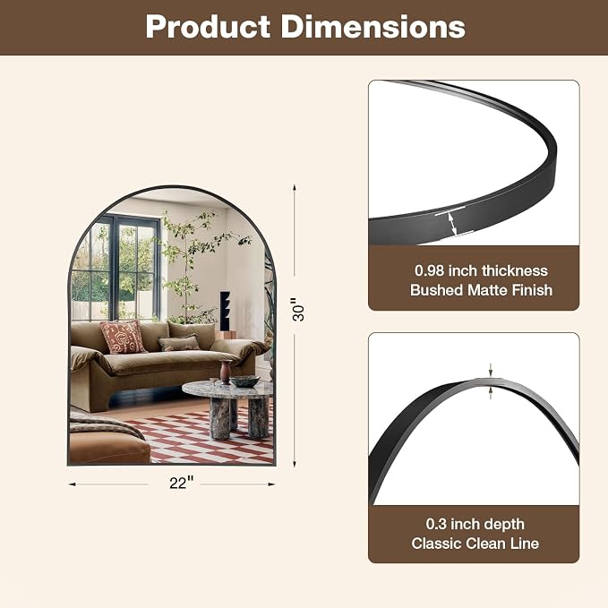 22"x30" Matte Black Arched Vanity Bathroom Mirror, Set of 2 | Aluminum Alloy Frame, Clear Reflection, Rust-Resistant, Vertical or Horizontal, Wall Mount, Bedroom and Entryway