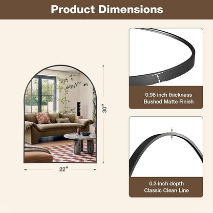 22"x30" Matte Black Arched Vanity Bathroom Mirror, Set of 2 | Aluminum Alloy Frame, Clear Reflection, Rust-Resistant, Vertical or Horizontal, Wall Mount, Bedroom and Entryway