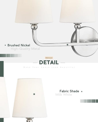 Bathroom Light Fixtures, 4 Light Vanity Lights with Flared White Fabric Shade, 28 Inch Brushed Nickel Wall Sconce, Modern Sconces Wall Lighting for Hallway Bedroom, VL837-BN-4
