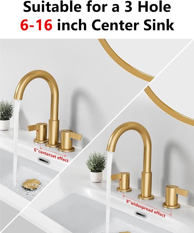 Bathroom Sink Faucet 3 Hole 8 Inch Widespread 2-Handle Vanity Faucet SUS304 Stainless Steel with Pop-Up Drain and Supply Lines Brushed Gold