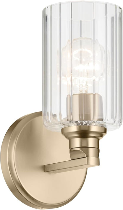 Kichler Gioe 5" 1-Light Wall Sconce with Clear Fluted Glass in Champagne Bronze, Damp Rated, for Powder Room, Kitchen, Hallway, Bedroom, Fireplace, (5" W x 9.5" H), 55224CPZFLU