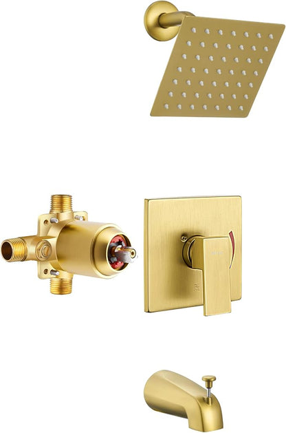 Esnbia Shower Tub Kit, Tub and Shower Faucet Set（Valve Included) with 6-Inch Rain Shower Head and Tub Spout, Single-Handle Tub and Shower Trim Kit,Brushed Gold | Complete tub and shower trim kit with 6-inch rainfall head, single-handle control, tub spo...