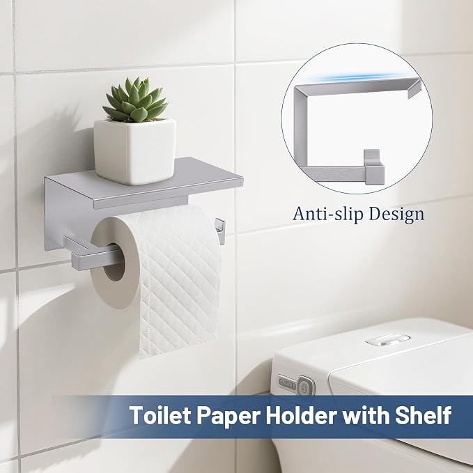 TURS 5-Pieces Brushed Nickel Bathroom Hardware Accessories Set 23.6" Towel Bar Set Wall Mounted Square Toilet Paper Holder with Shelf Stainless Steel