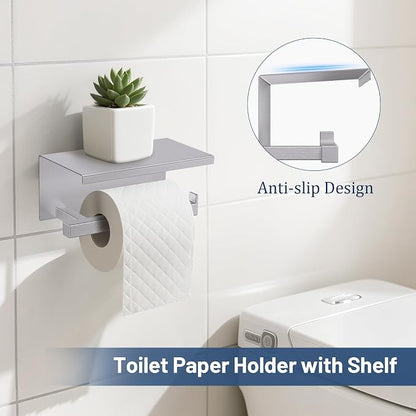 TURS 5-Pieces Brushed Nickel Bathroom Hardware Accessories Set 23.6" Towel Bar Set Wall Mounted Square Toilet Paper Holder with Shelf Stainless Steel