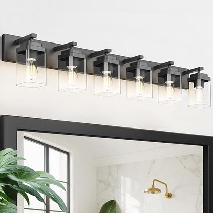 Black Bathroom Light Fixtures, 6 Lights Bathroom Lighting Fixtures Over Mirror, Square Design & Rectangle Large Backplate, Modern Vanity Lighting Fixtures, for Bathroom/Living Room/Bedroom