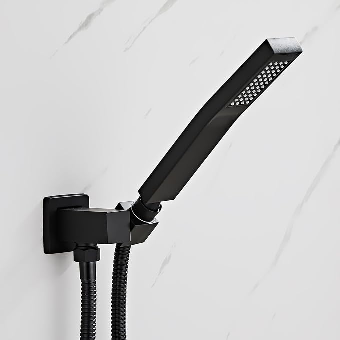 Black square hand shower head, handheld shower head with hose,brass High pressure flushing With adjustable water supply elbow Wall mount connector Shower bracket and hose set