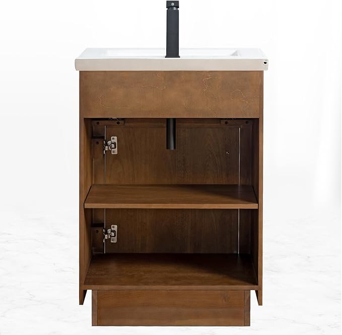 HOMEBEYOND 24" Bathroom Vanity with Single Sink & Ceramic Top, MDF Material Vanity Cabinet with Basin Combo, Soft-Closing Doors, Removable Shelf, Backsplash,Tan