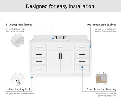 ARIEL Hepburn 60-inch Bathroom Vanity with Sink,Solid Wood, 1.5-inch Carrara White Quartz Countertop & Backsplash, Single Rectangular Porcelain Sink, 2 Soft Closing Doors, 9 Dovetail Drawers, White