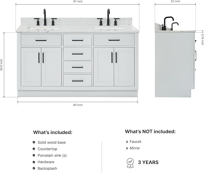 ARIEL Hepburn 60-inch Bathroom Vanity with Sink,Solid Wood, 0.75-inch Italian Carrara Marble Countertop, Double Rectangular Porcelain Sink, 4 Soft Closing Doors, 6 Dovetail Drawers, Grey