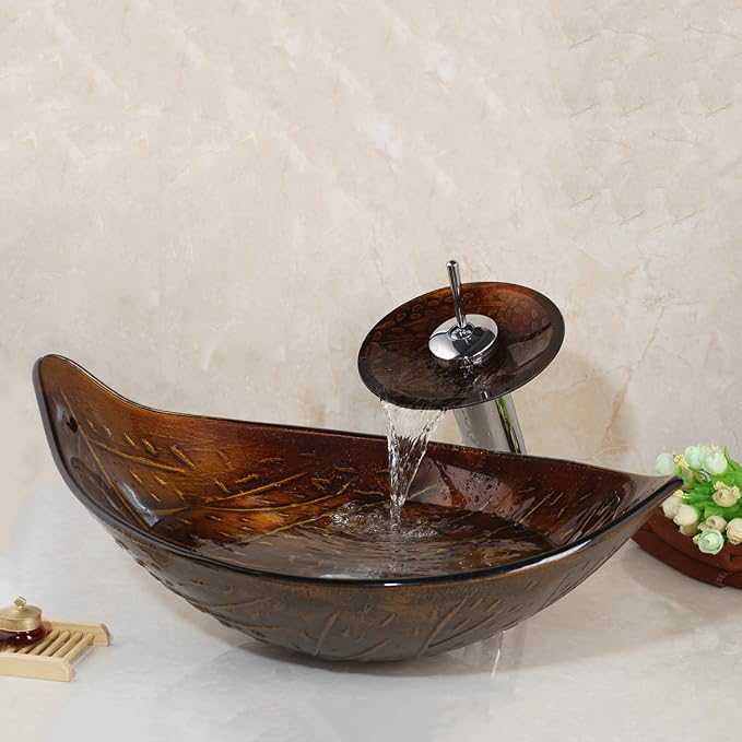 Bathroom Vessel Sink Combo Tempered Glass Leaf Shape Bowl